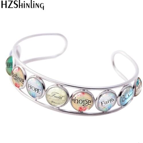 2020 New Christian Jewelry Cuff Bracelet Faith Believe Hope Bracelets Round Glass Dome Art Photo Jewelry Handmade