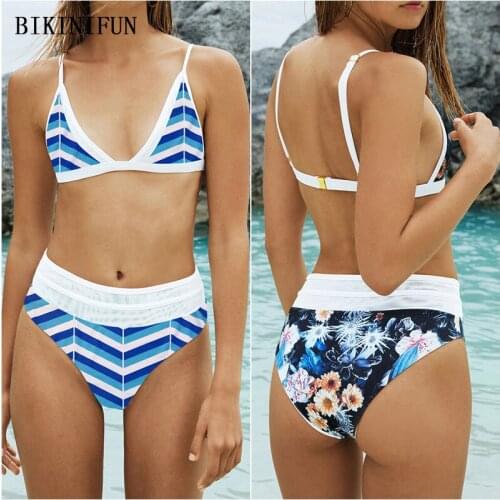 2020 New Striped Beachwear Women Floral Print Swimsuit Triangle Bralette Swimwear S-XL Girl High Waist Bathing Suit Bikini Set