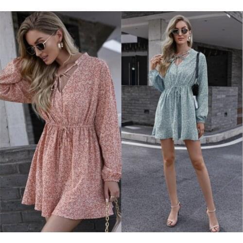 Spring New Ladies Long Sleeve V-Neck Boho Vintage Floral Print Dress Women Casual Bandage Sweet A-line Mini Party Dress Vestidos