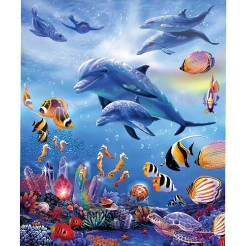 Full 5D Diy Diamond Painting Cross Stitch Kits Diamond Embroidery Sea World Dolphins and Fish Picture Mosaic Pattern Home Decor