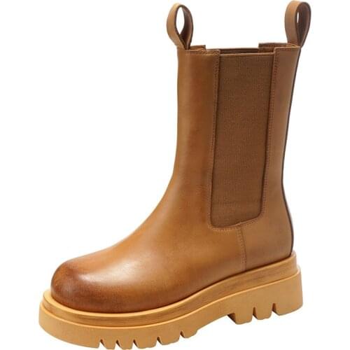 RASMEUP New Microfiber Women Comfortable Boots Round Toe Wave Pattern Flat Platform Black Chelsea Genuine Leather Boots Shoes