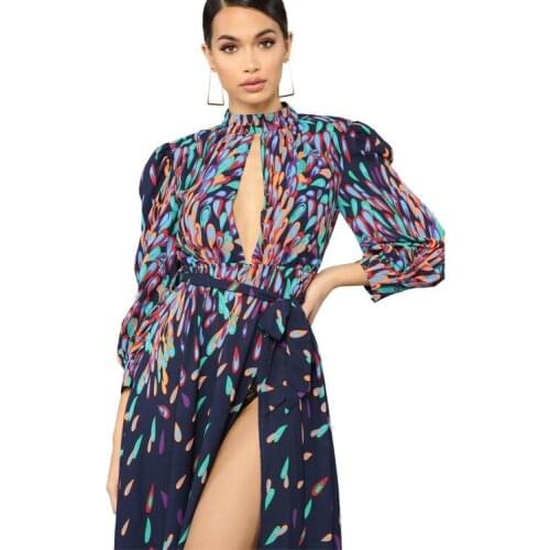 Plus Size Women Digital Printing Skinny High Split Dress Hollow Out Sashes Floor-Length Dresses MH642