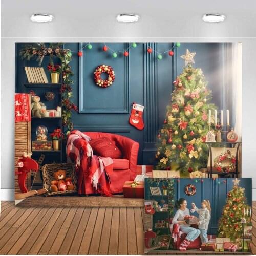 Christmas Photocall for Photography Red Sofa Background for Photo Studio Christmas Tree Family Party Decoration Supplies Prop