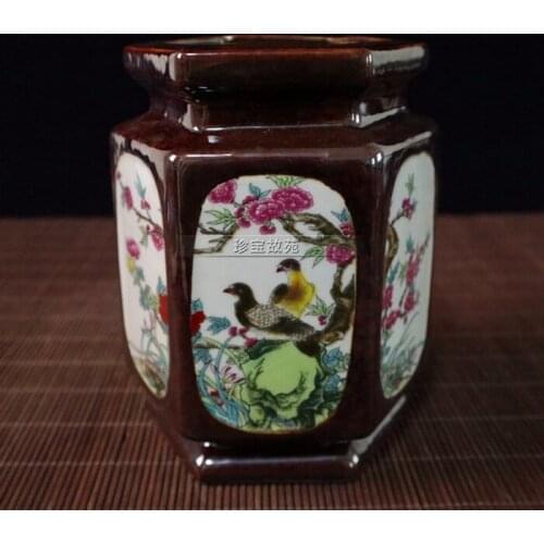 Ancient porcelain flower and bird figure hexagonal round pen holder porcelain pen holder study utensils desk decoration