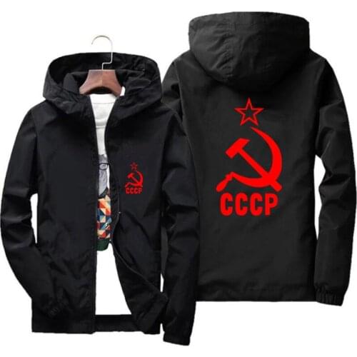 CCCP Russian USSR Soviet Union Thin Windbreaker Zipper Thin Hooded Coat Slim Fit Outdoor Sportswear Pilot Mens Jacket Coat 7XL
