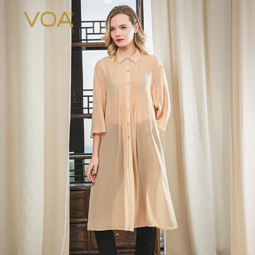 VOA SilkGeorgette Orange Brown Square Neck Organ Pleats Single-breasted Shoulder Off Horn Sleeves Skirt Long Sunscreen Top B9517