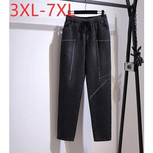 New 2020 Ladies Autumn Winter Plus Size Long Harem Jeans For Women Large Loose Cotton Belt Black Denim Pants 3XL 4XL 5XL 6XL 7XL