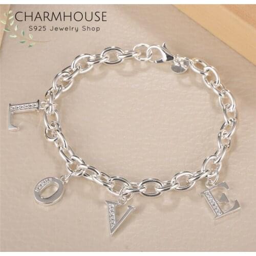 Pure 925 Silver Bracelets for Women LOVE Letter Charm Bracelet & Bangles Wristband Pulseira Femme Wedding Bridal Jewelry Bijoux