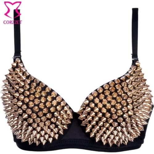 Punk Gold Rivet Studded Sujetadors Push Up Bra Top Sexy Belly Dance Club Underwear Spiked Bralette Bras For Women Brasier Mujer