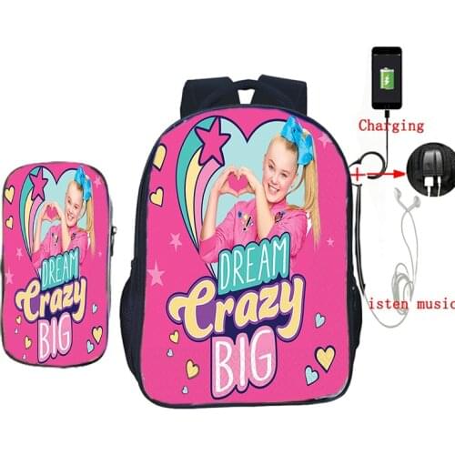 2 PCS/Set Women Backpack Colorful Jojo Siwa Printing School USB Charge Backpack with Pencil Bag Teenagers Girls Boys Travel Bags