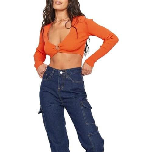 New Women Long Sleeve Hollow Out Knit Crop Tops Tie-up Ribbed V-neck Cutout Pullover Sexy Exposed Navel Tee Top Streetwear