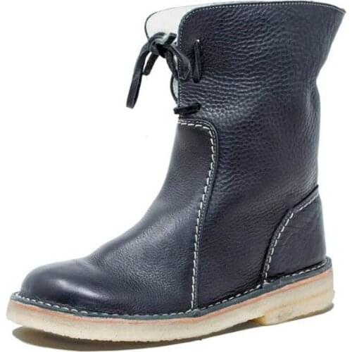 Snow Boots Winter Womens Plush Keep Warm Mid Calf Boots Female Sewing Lace Up Shoes Ladies Leather Solid Flat Plus Size