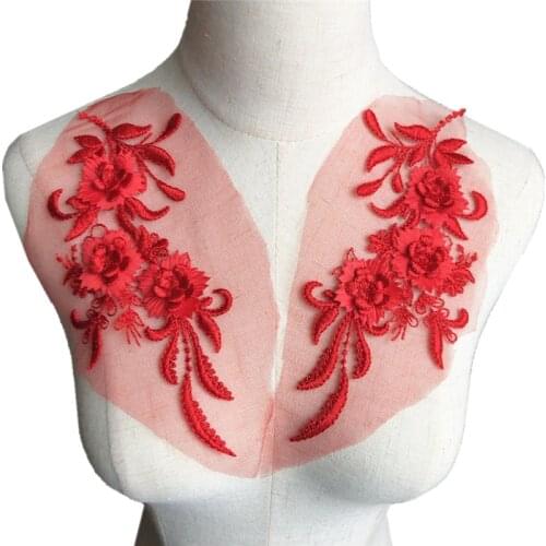 2PCS 22CM Embroidered Sew On Patch Red Flowers Tassel Lace Trims Mesh Wedding Appliques For Bride Evening Dress DIY Decor