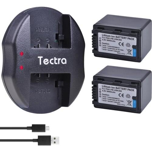 2Pc VW-VBK360 3600mAh Battery + USB Dual Charger for Panasonic HC-V10, HC-V100, HC-V100M, HC-V500, HC-V500M, HC-V700, HC-V700M