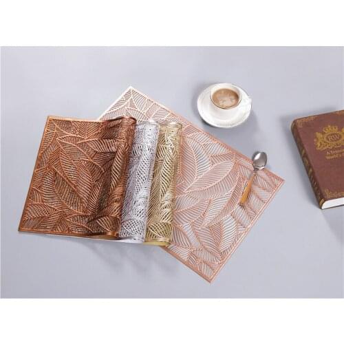 6pcs/lot Placemat For Dining Table Coasters PVC Leaf Hollow Heat-insulated Pad Gold Waterproof Non Slip Mats Home Decor OK 1075
