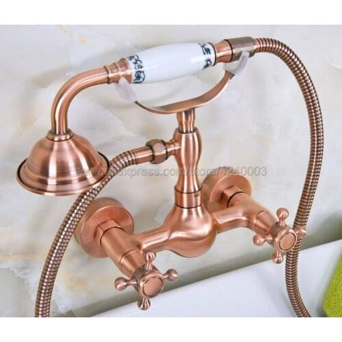 Antique Red Copper Wall Mounted Bathroom Faucet Bath Shower Mixer Tap With Hand Shower Head Shower Faucet Sets Kna336