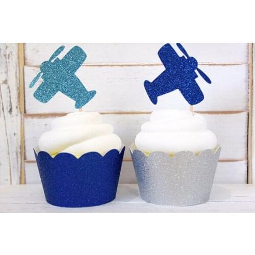 Glitter plane Cupcake toppers with Wrappers holders boy birthday wedding bridal shower cake decorations set Supplies