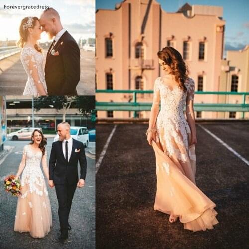 Champagne V Neck Wedding Dress Pretty A Line Applique Long Sleeves Bridal Gown