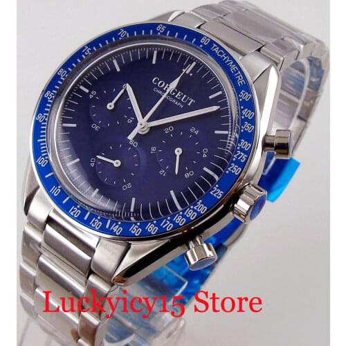 CORGEUT VK QUARTZ Men Watch Chronograph Blue Dial 24 Hours Mineral Glass Steel Bracelet