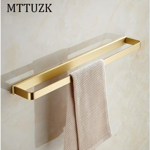 MTTUZK Solid Brass Brushed Gold Square Towel Bar Towel Ring Bathroom Towel Holder Wall Mounted Towel Rack Bathroom Accessories