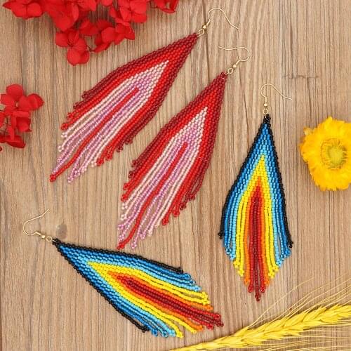 Go2boho Bohemian Long Tassel Acrylic Feather Shape Beaded Pendant Earrings Wedding Party Rainbow Ear RingCharm Jewelry Earrings