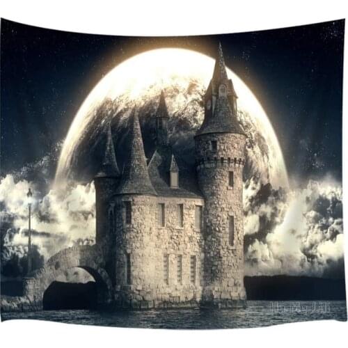 Tapestry Wall Hanging Gothic Ancient Castle Calm Lake Under Full Moon Polyester Fabric Wall