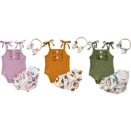 3Pcs Newborn Toddler Newborn Baby Girls Pit Strip Sleeveless Sling Vest Bodysuit +Triangle Shorts+Bow-Tie Headband 0-24M 2021