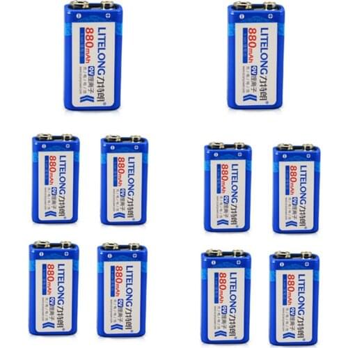 LITELONG 10pcs/lot 9v SUPER BIG 880mAh li-ion lithium Rechargeable 9 Volt Battery Manufacturers warranty FREE SHIPPING