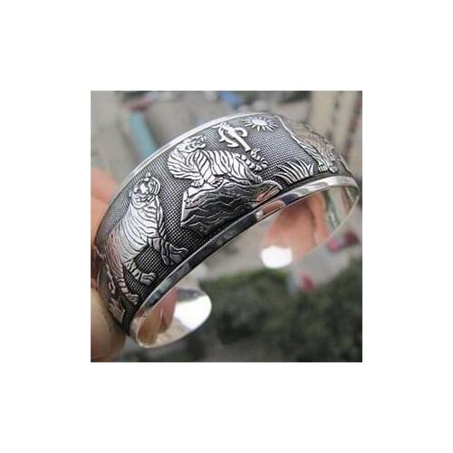 Fashion New Vintage Tibetan Tibet Silver Totem White Tiger Bracelets Nearround Metal Animal Cuff Bangles Women Jewelry