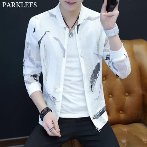 Feather Print Lightweight Jacket Men 2020 Summer New Mesh Fishnet Breathable Hollow Coats Mens Slim Fit Sun Protection Clothing