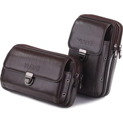 Men Genuine Leather Waist Pack Double Zipper Wallet Pocket Case Purse High Quality Cell/Mobile Phone Cigarette Fanny Belt Bag