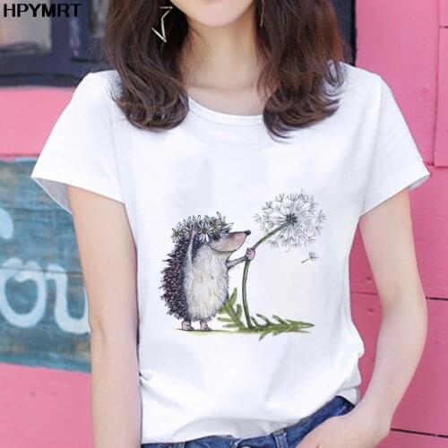 New T-shirt Female Hedgehog with dandelion print Tshirt Loose Spring Summer Tee shirt Easy Matching T shirt women tops clothing
