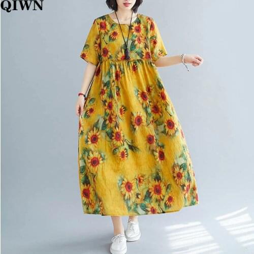 New Arrival 2020 Summer Dress Women Sundress Plus Size Short Sleeve Cotton Linen Maxi Dress Vintage Print Boho Dresses Robe 4XL