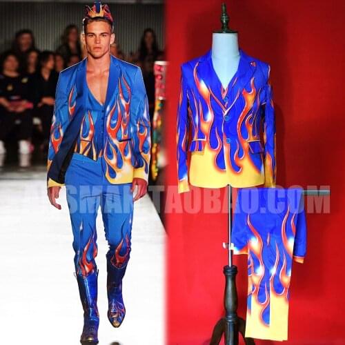 2020 Mens New Nightclub Bar Male Singer Blazer Men Dj Model Blue Background Flame High-end Elasticity Suits Plus Size Clothes