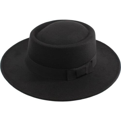 Solid color Autumn Winter Fashion Wool Simple Fashion Round Flat Top Vintage Wide Fedoras Hats for Women Wide Brim Chain ribbon