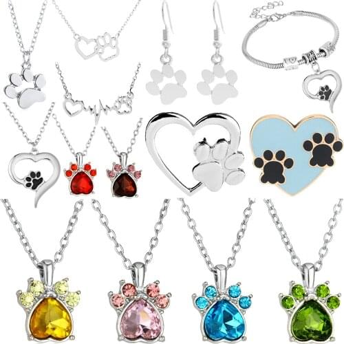 Necklace Hollow Crystal Rhinestone Pet Dog Cat Paw Heart Love Pendant Charm Lightning Pendants Girlfriend Birthday Gifts Jewelry