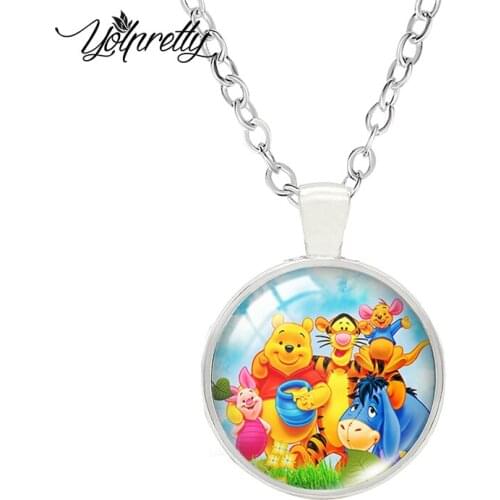 Disney Winnie the Pooh Piggy Tigger Cartoon Paintings Glass Cabochon Necklace Fashion Necklace Pendants Jewelry