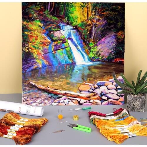 Landscape Waterfall Guk Printed 11CT Cross-Stitch Embroidery Set DMC Threads Painting Sewing Handmade Handicraft Adults