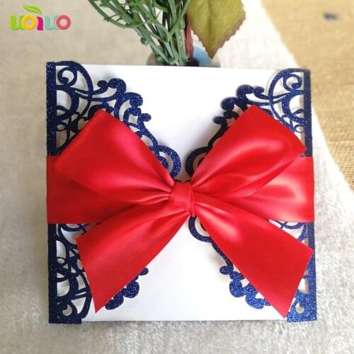 Party invitation card glitter paper design laser cut wedding invitations with tied bow(various color for your choice)