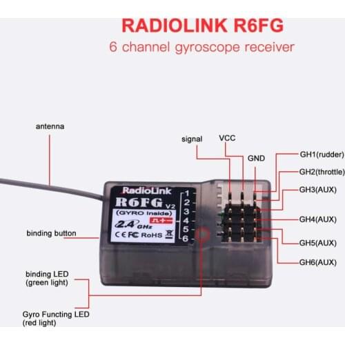 RadioLink R6FG 2.4Ghz 6CH RC Receiver RC Parts For RC6GS RC4GS RC3S RC4G T8FB Transmitter RC Receiver RC Accessories