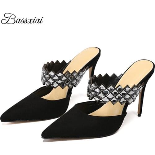 Diamond Crystal One-Strap Sandals Women 10cm Thin High Heels Pointed Toe Luxury Suede Slingbacks Runway Mules For Ladies
