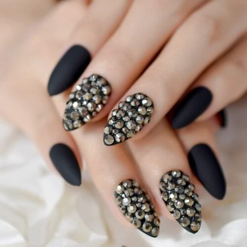Rhinestone Stiletto Nails Matte Coal Black Nails Silver Crystal Pre-Designed Nails Handmade Custom Party