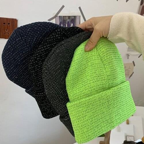 Unisex Reflective Knitted Beanie Hat Winter Warm Night Running Cycling High Visibility Safety Hip Hop Cuffed Skull Cap