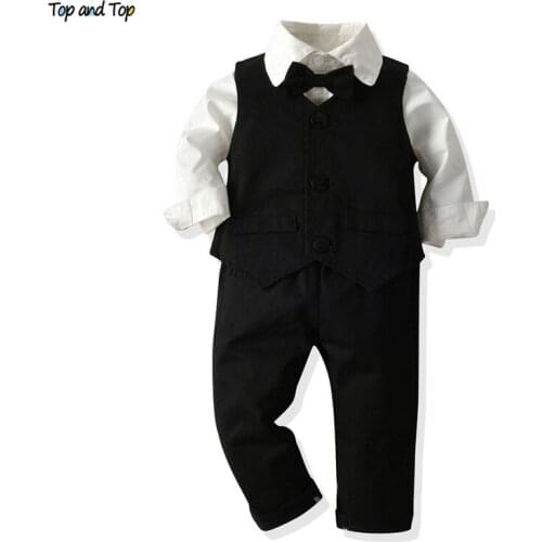 Top and Top Fashion Infant Baby Boys Casual Clothes Set Long Sleeve White Shirt Romper with Bowtie+Vest+Pants Outfits Suit Bebes