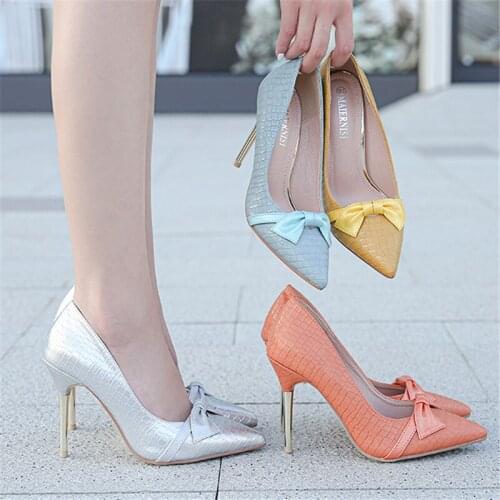 Big Size 35-44 Spring Summer Fashion Women 10cm Super High Heel Party Dress Shoes Sexy Pointed Toe Butterfly-Knot Wedding Pumps