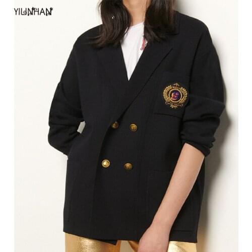 YILINHAN 2021 England Style Badge Double Breasted Wool Blazer Coat Vintage Long Sleeve Pockets Female Outerwear Chic Women Tops