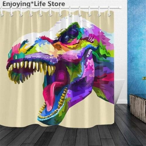 Shower Curtain Set Colorful Dinosaur Head Pattern Shower Curtain Bathroom Bath Mat Rugs Waterproof Fabric with Mat 12 Hooks