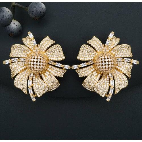 ModemAngel High Quality Luxury Big Flower Full Cubic Zircons Copper Earring Women Bridal Wedding Dress Fashion Jewelry