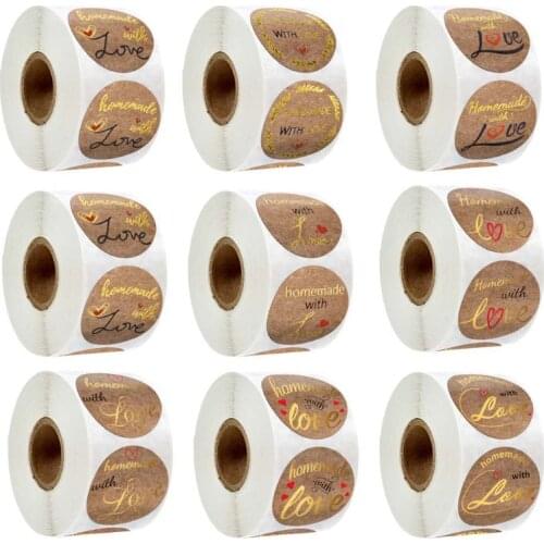 500pcs Homemade with Love Kraft Stickers with Gold Foil Round Seal Labels for Small Shop Envelope Stationery