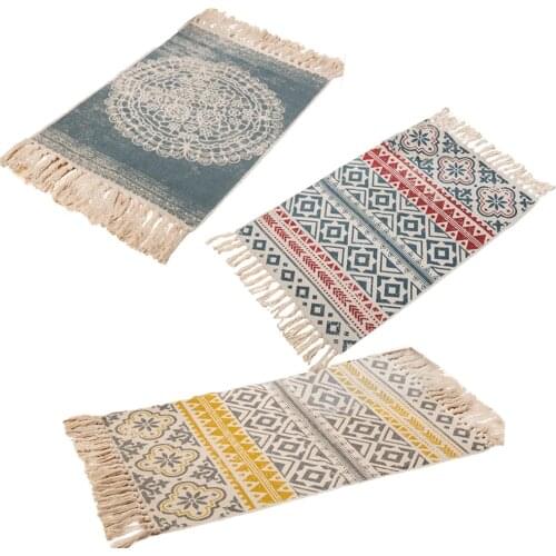 90x60cm Boho Hemp Cotton Bohemian Style Carpet Mat Hand-woven Tassel Carpet Retro Blanket For Living Room Bedroom Bedside Decor